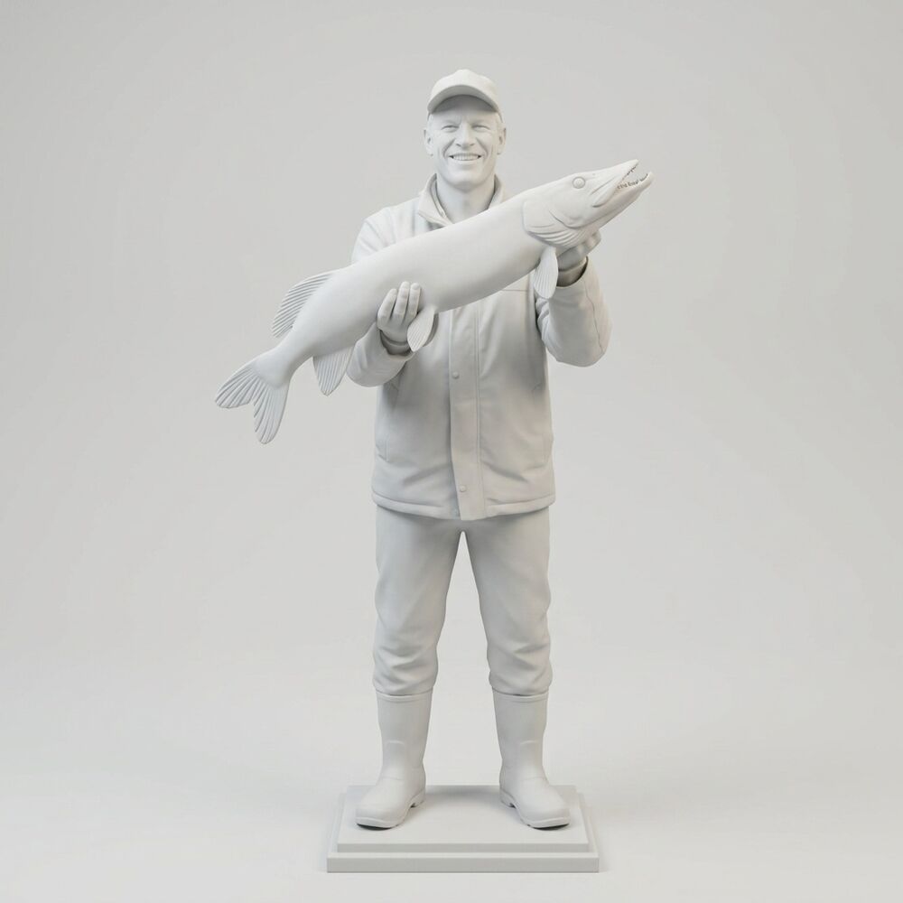 Skulptur i marmorvitt av fiskaren med sin gädda