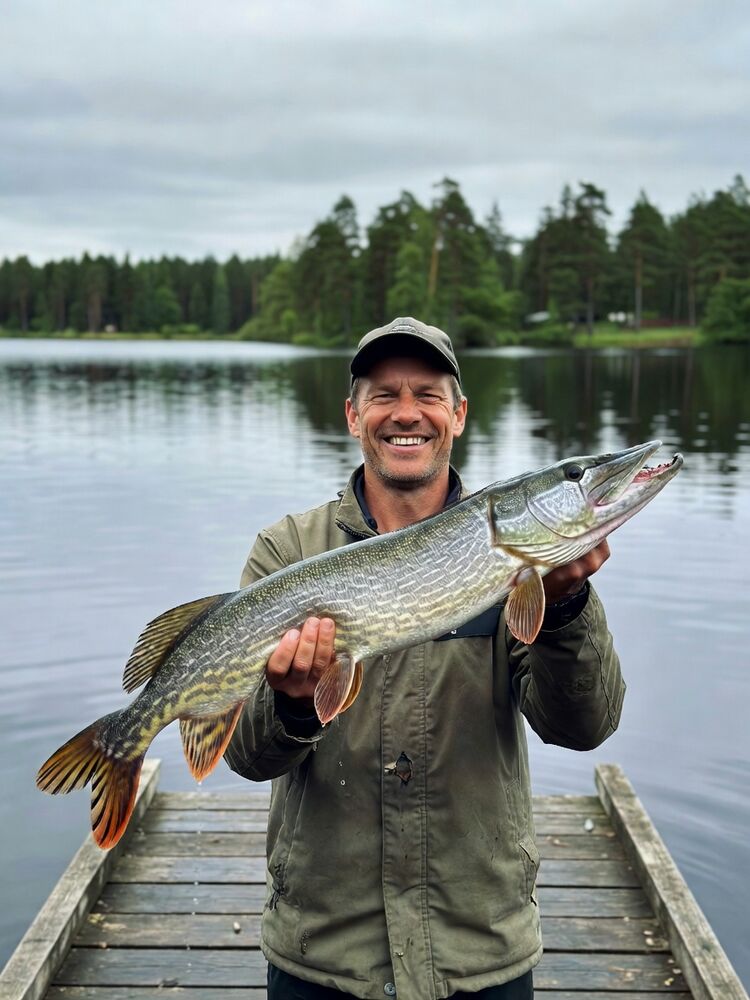 Foto på en fiskare som håller upp en gädda