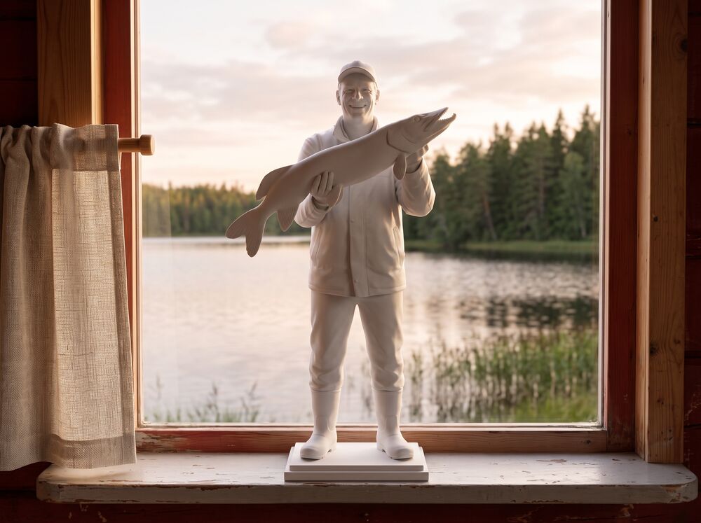 Fångstskulptur i marmorvitt på en fönsterbräda i en stuga vid sjön